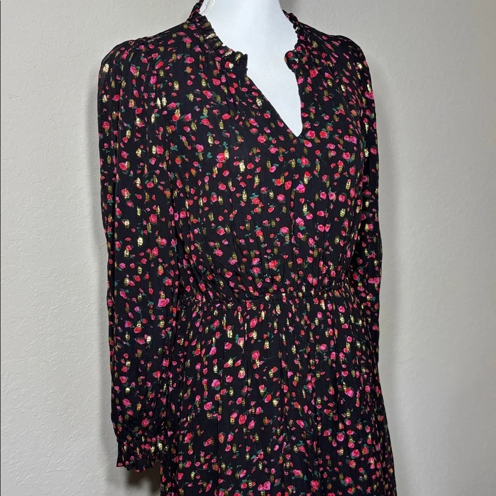 🔥ON SALE! J.Crew Floral  Long Sleeve Mini Dress V-Neck Ruffle Detail Black Sz 4